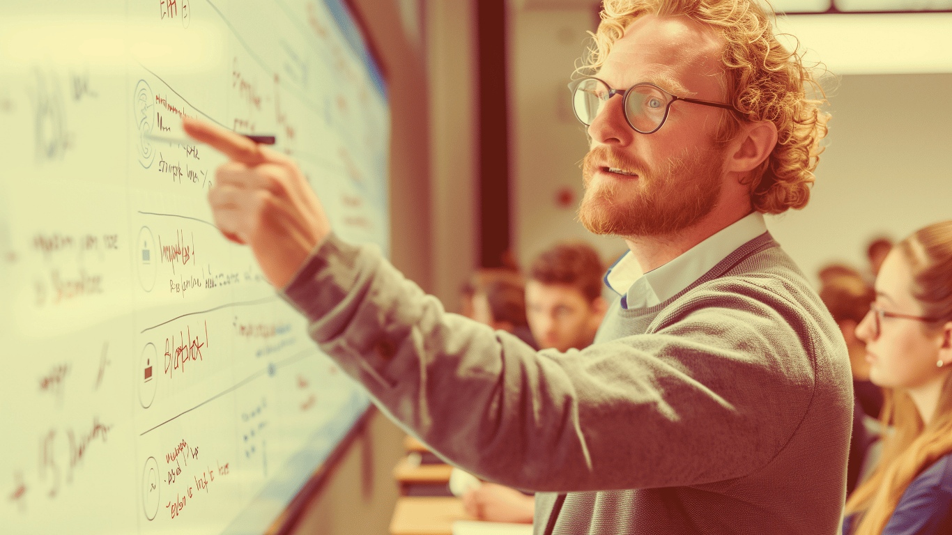 professeur dans une salle de classe enseignant à l'aide d'un tableau interactif